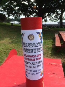 This "firecracker" canister is one of several that will be placed around town to collect donations to the Southwick fireworks, set for July 25. (Photo by Hope E. Tremblay(