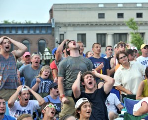 The crowd at Park Square reacts while watching Team USA compete against the Belgian national team in the World Cup. (Photo by Carl E. Hartdegen)