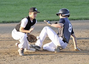 Westfield's Mitchell Longley, right, beats the tag at second base during Saturday night's 14-Year-Old 2014 Babe Ruth New England Regional Tournament against Windham, Maine. (Photo by Frederick Gore)