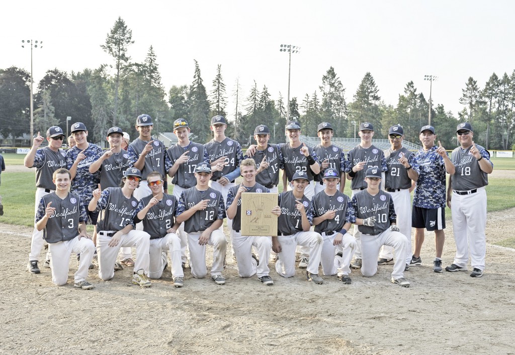The 2014 Babe Ruth Baseball 14-Year-Old New England Regional champions hoist their prize. (File photo by Frederick Gore)