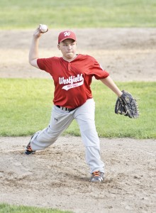 National Little League pitcher Chris Barber delivers to an American batter during yesterday's game at the Ralph Sanville Memorial Field on Cross St. (Photo by Frederick Gore/www.thewestfieldnews.smugmug.com)