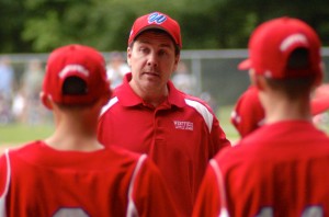 Westfield National manager Bill Lamirande talks to his players in between innings Thursday night. (Photo by Chris Putz)