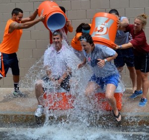 Westfield State basketball coaches Rich Sutter and Andrea Bertini take the Cold Water Challenge.