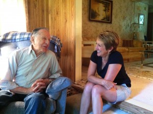 Franklin Estes of Westfield converses with his granddaughter Kim Daniels a day after his 98th birthday (Photo by Peter Francis)
