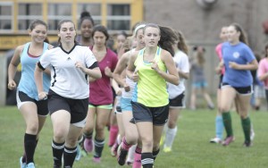 The St. Mary High School girls' soccer team works out at Westfield Middle School South Friday. (Photo by Frederick Gore)