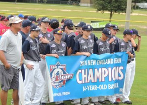 Westfield's team of 14-year-old Babe Ruth All-Stars display their banner during ceremonies. (Submitted photo)