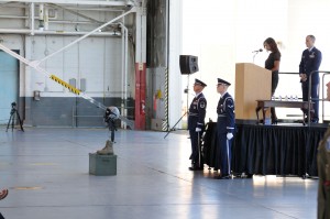 Kara Fontenot, widow of Lt. Col. Morris "Moose" Fontenot, Jr., addresses the memorial service for her late husband at the Barnes Air National Guard Base yesterday (Photo by MSgt. Aaron Smith, Public Affairs,  102nd Intelligence Wing) 