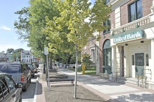 A proposed Pioneer Valley Transit Authority bus stop could be located between the Westfield Athenaeum and United Bank on Elm Street in Westfield. (Photo by Frederick Gore)