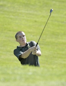 Southwick High golfer Pat Mahoney chips from a ravine during a recent match. (Photo by Frederick Gore) 