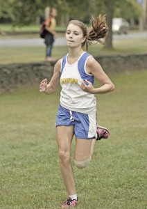 Gateway's Ashley Youst crosses the finish line during yesterday's cross country match against Saint Mary and Franklin Tech at Stanley Park. (Photo by Frederick Gore)
