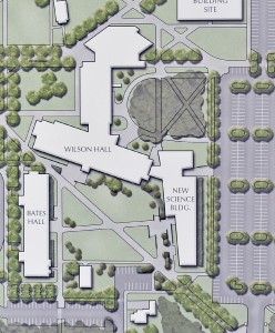 A campus map including the new Westfield State University science building. (Photo by Frederick Gore)