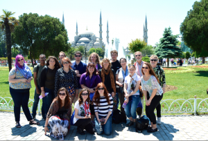Westfield State students pose in front of the Blue Mosque in Istanbul. (Photo submitted)