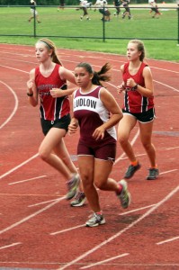 Westfield's Hannah Bone, left, and Karolina Gurulyova, right, compete in Tuesday's cross country meet against Ludlow. (Submitted photo)