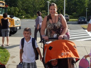 First-grader Dominic Nazzaro and mom Melissa arrive at Littleville Elementary School on opening day. (Photo submitted)         