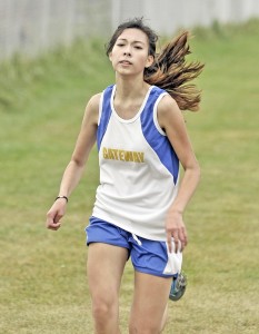 Gateway's Fay Grzybowski claimed the first place position during Wedesday's meet against host Southwick. Grzybowski finished the three-mile run with a time of 21:54. (Photo by Frederick Gore)