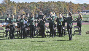 Members of the Southwick-Tolland-Granville Regional High School Band perform at a re-dedication ceremony of the school's athletic track. (Photo by Frederick Gore)