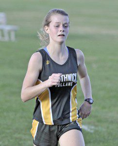 Southwick's Emily McKinney races to a first-place finish in Tuesday's race against visiting St. Mary. (Photo by Frederick Gore)