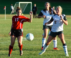 Southwick reacts to the play with Hampshire during a girls' soccer game Monday. (Photo by Chris Putz)