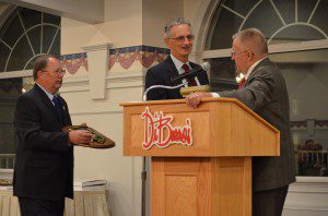 Ralph Semb, right, president of the International Candlepin Bowling Association (ICBA), congratulates James “Jim” Johnson, of Southwick, upon his induction into the  ICBA Hall of Fame at DiBurros Function Facility in Haverhill on October 18. (Submitted photo) 