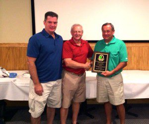 Western Massachusetts Baseball Umpires Association President David Paradis and umpire Joe Vaschak, left to right, stand alongside Westfield Babe Ruth president Dan Welch during a recent award ceremony. Welch was presented with a plaque for his contributions to the sport of baseball throughout the Western Massachusetts area. (Submitted photo)