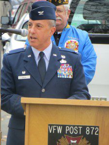 Col. Peter Green, commander of the Maintenance Group of the 104th Fighter Wing, was the keynote speaker at the Southwick Veterans Day ceremony yesterday. (Photo by Hope E. Tremblay)