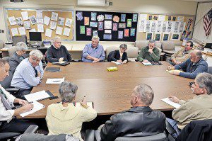 Southwick School Superintendent Dr. John Barry, center left, held a meeting with various town officials from Granville, Tolland and Southwick, during a preliminary school budget meeting last night. (Photo by Frederick Gore)