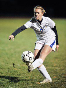 Gateway senior Caroline Booth gets a foot on the ball. (Photo by Frederick Gore)