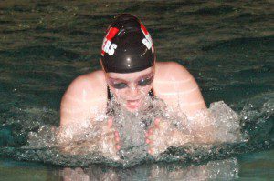 Westfield's Kelsey Johnstone swims to victory in the 100 breaststroke Tuesday. (Photo by Ina Coddington)