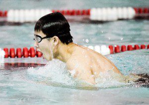 Westfield senior Chris Tu finishes the Boys 200-Yard Individual Medley during Friday's meet with Easthampton. (Photo by Frederick Gore)