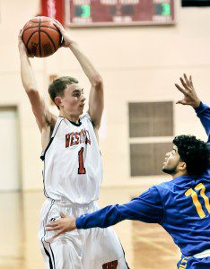 John O'Brien recently handles the ball for the Westfield High School boys' basketball team. (Photo by Frederick Gore)