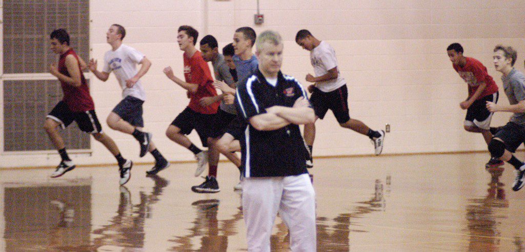 Westfield High School boys' basketball head coach stands out on the court during practice Tuesday. (Photo by Chris Putz)