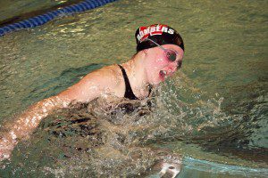 Westfield's Rachel Charette executes a quick turn during the 100 breaststroke. (Photo by Terry Longley)