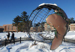 The African continent represented on a landmark globe sculpture on the Westfield State University campus is semi-detached after a Super Bowl celebration Sunday evening. (Photo ©2015 Carl E. Hartdegen)