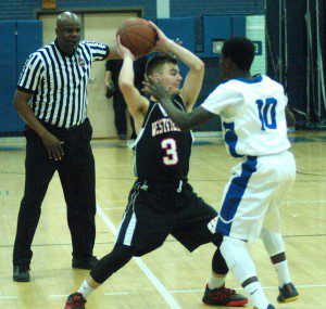 Colin Dunn (3) handles the point for Westfield in Thursday night's postseason game at Leominster High School. (Photo by Chris Putz)
