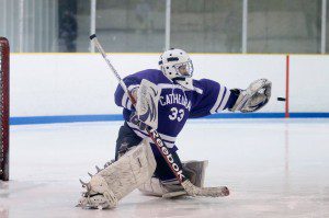Cathedral's Lexi Levere (Westfield) make one of her 30 saves and earns her first shut out Friday. (Photo by Sonja Ashe)