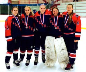 Junior Falcons' Madison and Mackenzie Pelletier, Brittany Kowalski, Lexi Levere, and Katie Neilsen, fueled the team's recent national run to a top three finish among U16 girls' ice hockey teams. (Submitted photo)