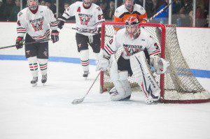 Senior goaltender Garrett Matthews has his eyes focused on the incoming Agawam offense in last night's Western Mass. Division III Finals. (Photo by Liam Sheehan)