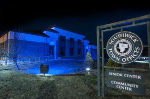 Southwick Town Hall and the Southwick Police Department are bathed in blue yesterday in recognition of World Autism Awareness Day. © 2015 by Frederick Gore 