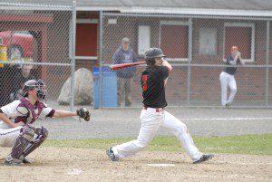 Westfield's Colin Dunn connects for a single during Wednesday's game against visiting Amherst. (Photo by Frederick Gore)