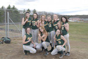 Members of the Southwick softball team gather after yesterday's win against Gateway. (Photo by Fred Gore)