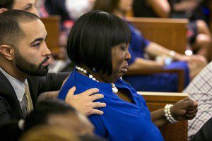 Ursula Ward, mother of the victim, Odin Lloyd, cries as a guilty verdict is read for former New England Patriots football player Aaron Hernandez, during his murder trial at the Bristol County Superior Court in Fall River, Mass., Wednesday, April 15, 2015.  Hernandez was found guilty of first-degree murder in the shooting death of Lloyd in June 2013.  He faces a mandatory sentence of life in prison without parole.  (Dominick Reuter/Pool Photo via AP)