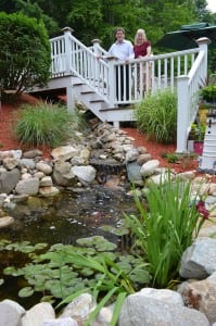Les and Joanne LeFebvre of Rambling Drive in Westfield are among the participants in the July 11-12 Pioneer Valley Water Garden and Koi Club Pond Tour. Expect some delightful surprises that surround their five-level waterfall. (Photo by Lori Szepelak)