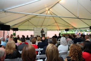 Dr. Mark A. Keroack, President & CEO, Baystate Health addresses the audience gathered on the lawn of Westfield's Noble Hospital for the formal announcement of the merger between Baystate Health Systems and Noble Hospital.