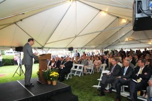 Dr. Mark A. Keroack, President & CEO, Baystate Health speak to the audience gathered on the lawn of Westfield's Noble Hospital.