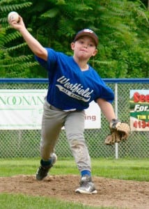 Westfield Little League American 7-9-Year-Old All-Stars pitcher Ted Dunn delivers a pitch Tuesday at Ralph E. Sanville Memorial Field. (Photo by Chris Putz)