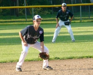 Westfield shortstop Jimmy Hagan, left, and center fielder Mike Nihill, right, get defensive. (Photo by Chris Putz)