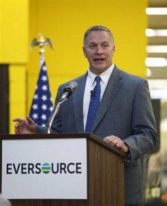 Bill Quinlan, President of Eversource Operations in New Hampshire, presents revised plans for the Northern Pass hydroelectric project at Globe Manufacturing in Pittsfield, N.H., on Tuesday, Aug. 18, 2015. The new "Forward NH Plan" calls for an additional 52 miles of buried power lines through the White Mountains National Forest. (Paul Hayes/The Caledonian-Record)