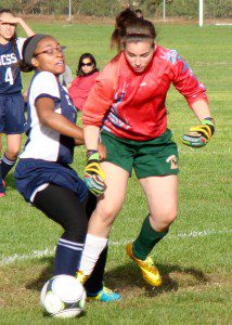 St. Mary’s goalie Francesca Deperogola moves in to make one of several saves against HCSS Monday. (Photo by Chris Putz)