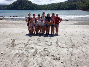 Westfield State students pose at a beach in Costa Rica. L to R: First row: Kelly Griffin, Stephanie Cobb, Hannah Adams, Michelle Deane, Maddie Spillers. Second row: Emilie Manna, Megan Barr, Jordan Ciaramitaro, Alana Sullivan, Meghan Arment, Abby Deming, Kolleen White.