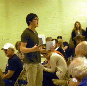 At the Blandford Special Town Meeting on Thursday, recent Gateway graduate Kyle Bessette stood up and called for compromise. (Photo by Amy Porter)